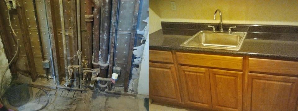 Old drywall torn out and new sink and cabinets installed