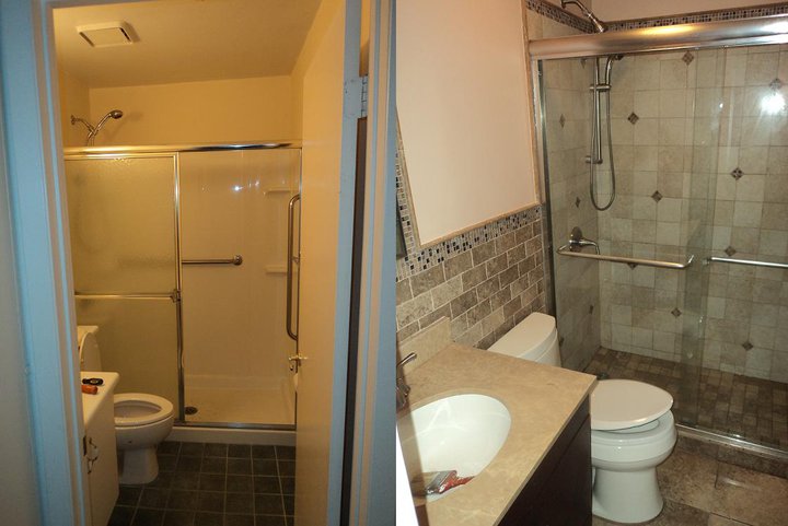 Complete bathroom remodel, new walk in shower, walls, toilet, and sink/counter 