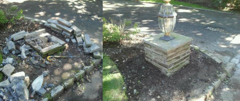 New stone lamp post installed on end of driveway